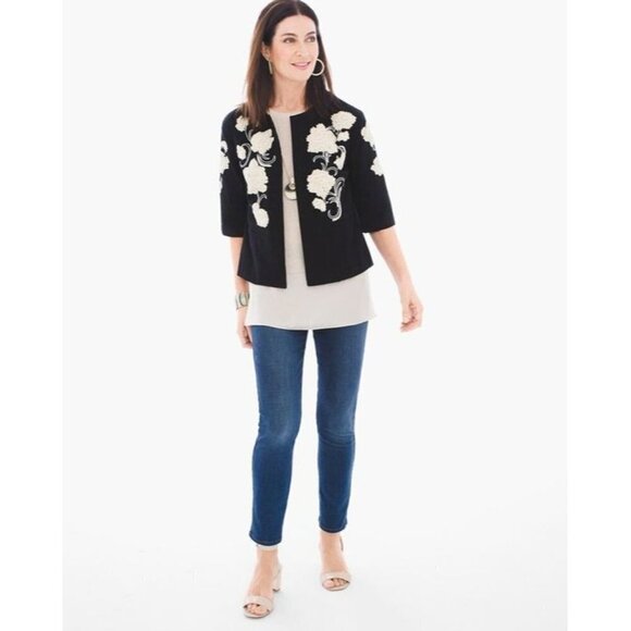 CHICO'S ARTISAN EMBROIDERED BLACK JACKET W/ BEAD SEQUIN FLOWER - 0, SMALL, 4 - Picture 3 of 8